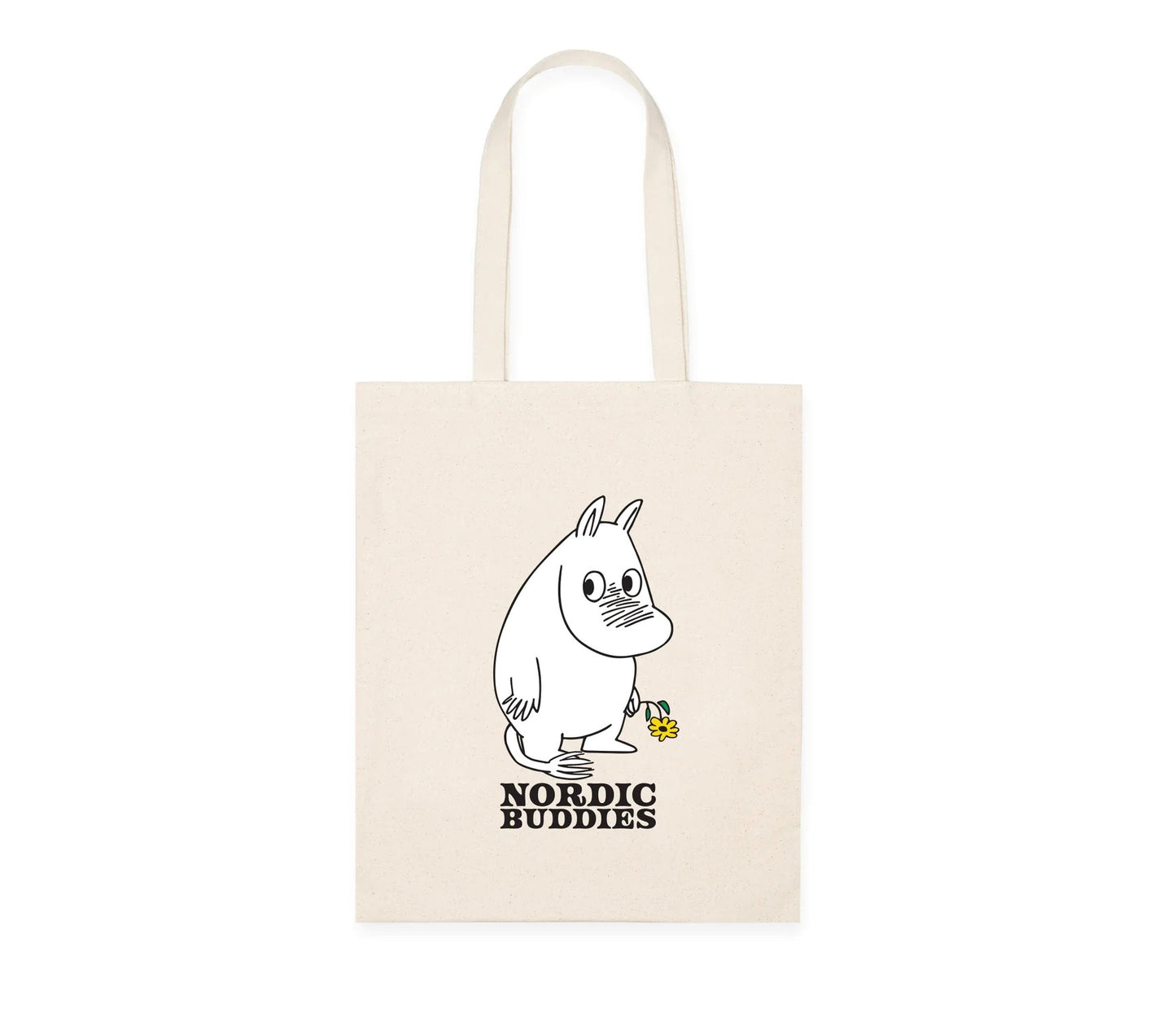 Beige eettisesti uusiutuvalla energialla tuotettu Muumipeikon kukka - Moomin by Nordicbuddies  kangaskassi, joka on kestävää puuvillaa.