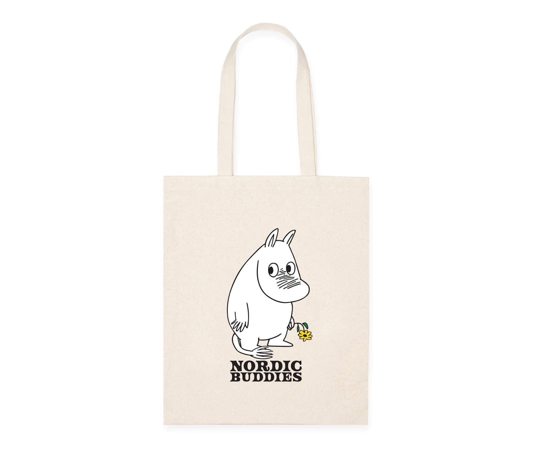Beige eettisesti uusiutuvalla energialla tuotettu Muumipeikon kukka - Moomin by Nordicbuddies  kangaskassi, joka on kestävää puuvillaa.