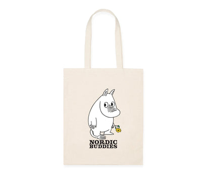 Beige eettisesti uusiutuvalla energialla tuotettu Muumipeikon kukka - Moomin by Nordicbuddies  kangaskassi, joka on kestävää puuvillaa.