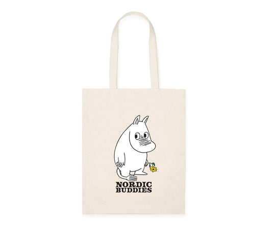 Beige eettisesti uusiutuvalla energialla tuotettu Muumipeikon kukka - Moomin by Nordicbuddies  kangaskassi, joka on kestävää puuvillaa.