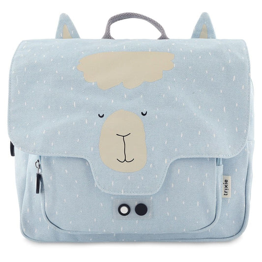 Trixie Baby -tuotemerkin koulureppu / tarhareppu, jossa on Mr Alpaca kuviointi. Kankaassa on vettä hylkivä pinnoite.