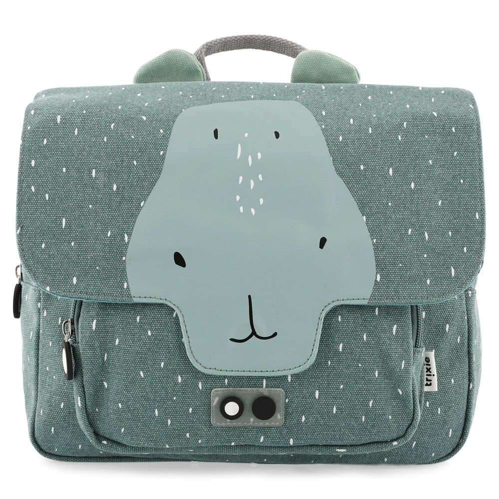 Trixie Baby -tuotemerkin koulureppu / tarhareppu, jossa on Mr Hippo kuviointi. Kankaassa on vettä hylkivä pinnoite.