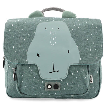 Trixie Baby -tuotemerkin koulureppu / tarhareppu, jossa on Mr Hippo kuviointi. Kankaassa on vettä hylkivä pinnoite.