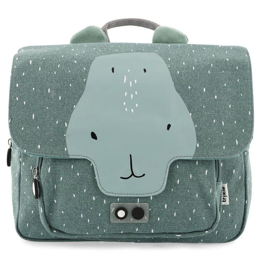 Trixie Baby -tuotemerkin koulureppu / tarhareppu, jossa on Mr Hippo kuviointi. Kankaassa on vettä hylkivä pinnoite.