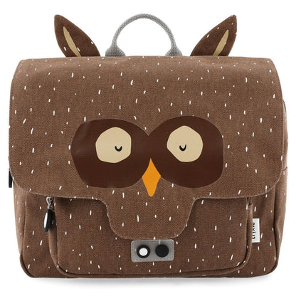 Trixie Baby -tuotemerkin koulureppu / tarhareppu, jossa on Mr Owl kuviointi. Kankaassa on vettä hylkivä pinnoite.