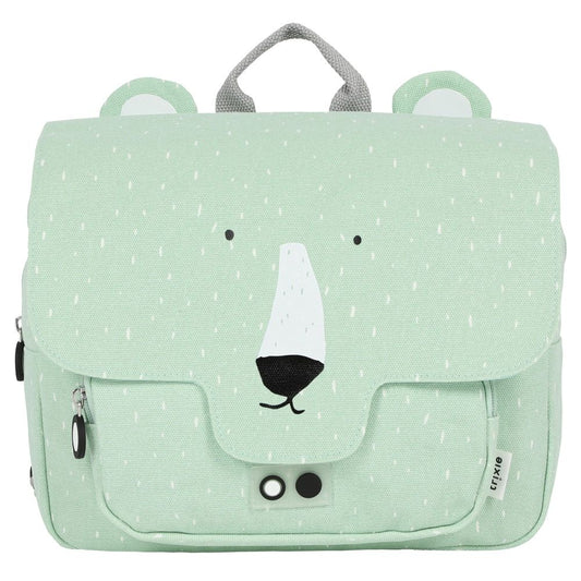 Trixie Baby tuotemerkin koulureppu / tarhareppu, jossa on Mr Polar Bear kuviointi. Kankaassa on vettä hylkivä pinnoite.