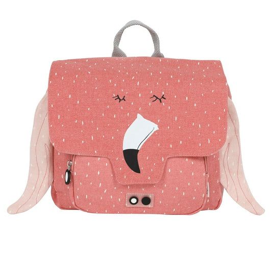 Trixie Baby -tuotemerkin koulureppu / tarhareppu, jossa on Mrs Flamingo kuviointi. Kankaassa on vettä hylkivä pinnoite.