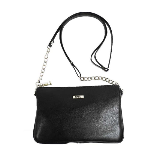 Kotimaisen Nabo-tuotemerkin musta olkalaukun ja clutch-laukun yhdistelmä, jossa on säädettävä ja irrotettava pitkä hihna.