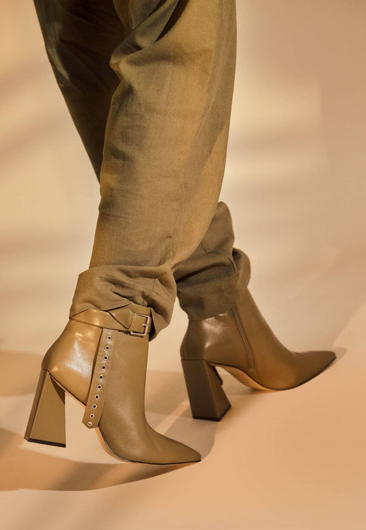 Salvia Green Leather Heeled Ankle Boots